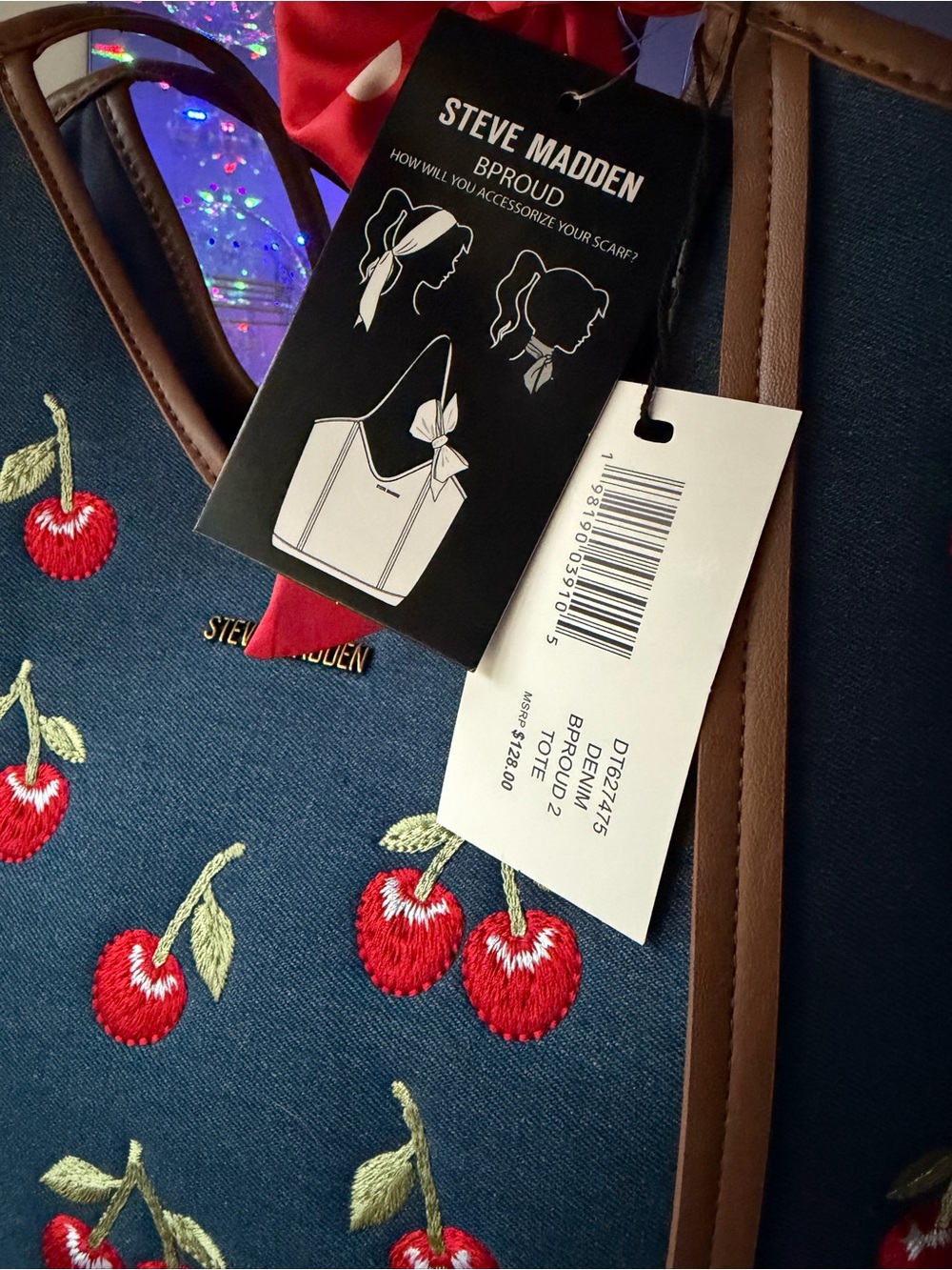 Steve Madden Navy Cherry Embroidered Tote with Brown Trim and Red Bow - Picture 5 of 8